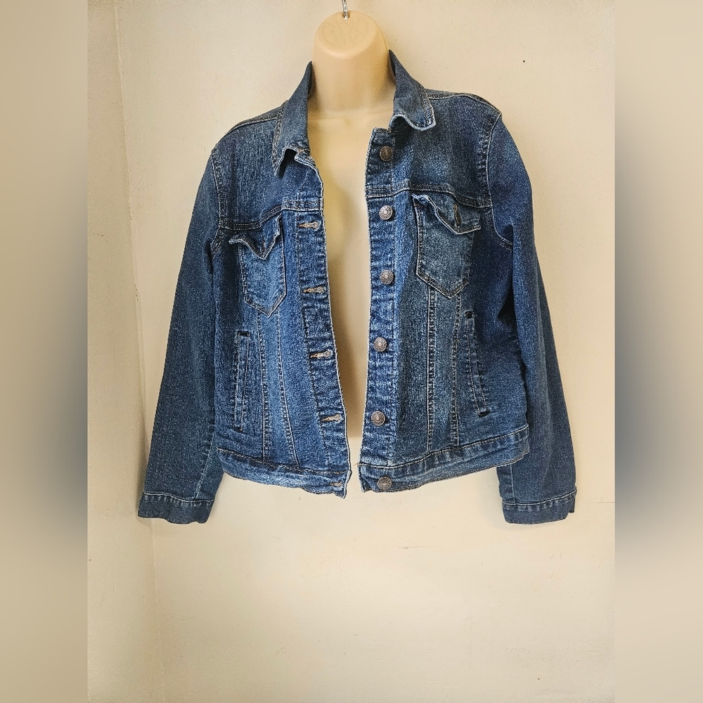 Curve Appeal- Women's L Jacket  Classic Blue Denim Jacket 81%Cotton Stretch - Picture 2 of 8